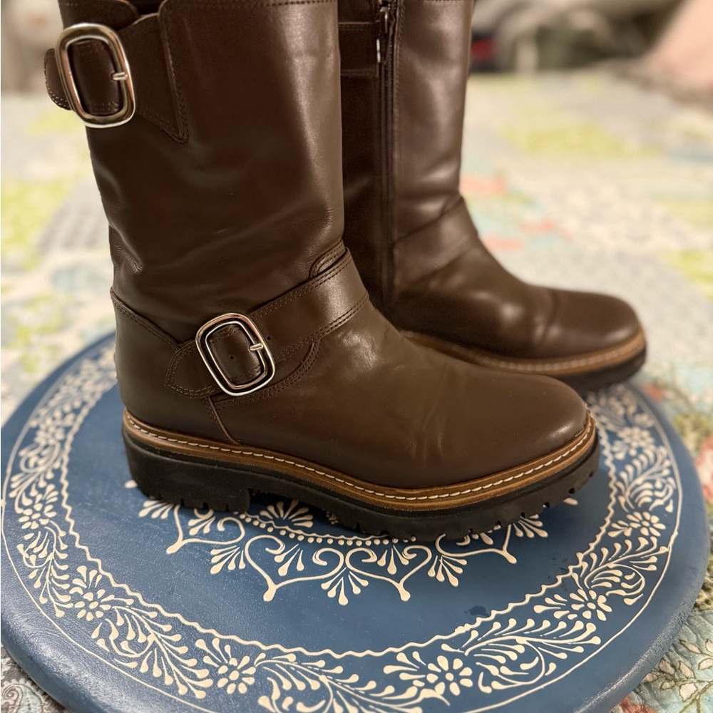 FABIANELLI Made In Italy Leather Mid Lug Booties With 2 Buckles, Sz 8 - Picture 4 of 12